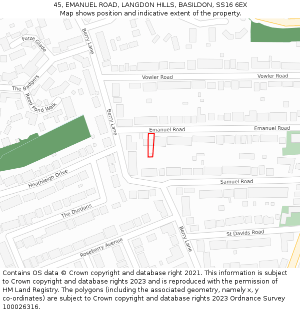 45, EMANUEL ROAD, LANGDON HILLS, BASILDON, SS16 6EX: Location map and indicative extent of plot