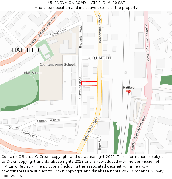 45, ENDYMION ROAD, HATFIELD, AL10 8AT: Location map and indicative extent of plot