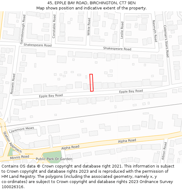 45, EPPLE BAY ROAD, BIRCHINGTON, CT7 9EN: Location map and indicative extent of plot