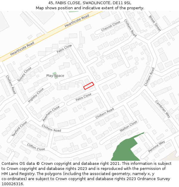 45, FABIS CLOSE, SWADLINCOTE, DE11 9SL: Location map and indicative extent of plot