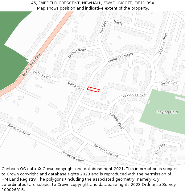 45, FAIRFIELD CRESCENT, NEWHALL, SWADLINCOTE, DE11 0SX: Location map and indicative extent of plot