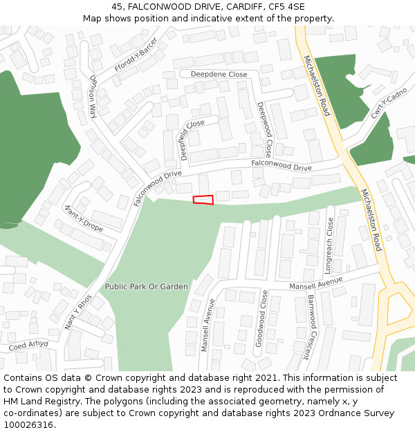 45, FALCONWOOD DRIVE, CARDIFF, CF5 4SE: Location map and indicative extent of plot