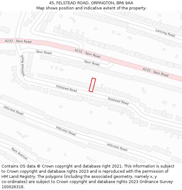 45, FELSTEAD ROAD, ORPINGTON, BR6 9AA: Location map and indicative extent of plot