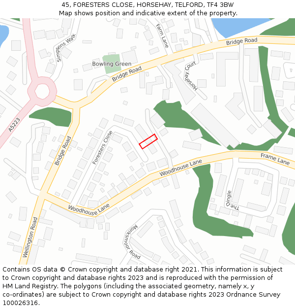 45, FORESTERS CLOSE, HORSEHAY, TELFORD, TF4 3BW: Location map and indicative extent of plot