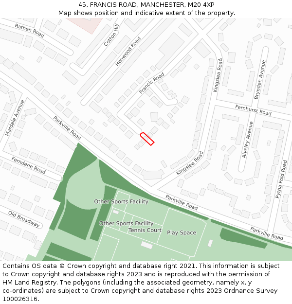 45, FRANCIS ROAD, MANCHESTER, M20 4XP: Location map and indicative extent of plot
