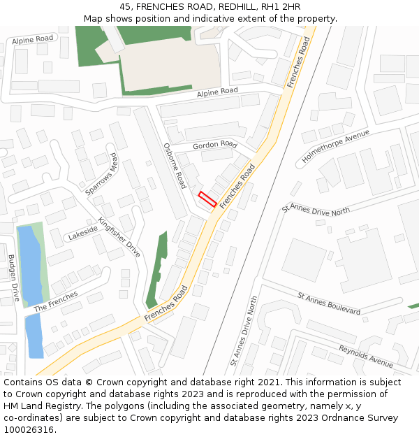 45, FRENCHES ROAD, REDHILL, RH1 2HR: Location map and indicative extent of plot