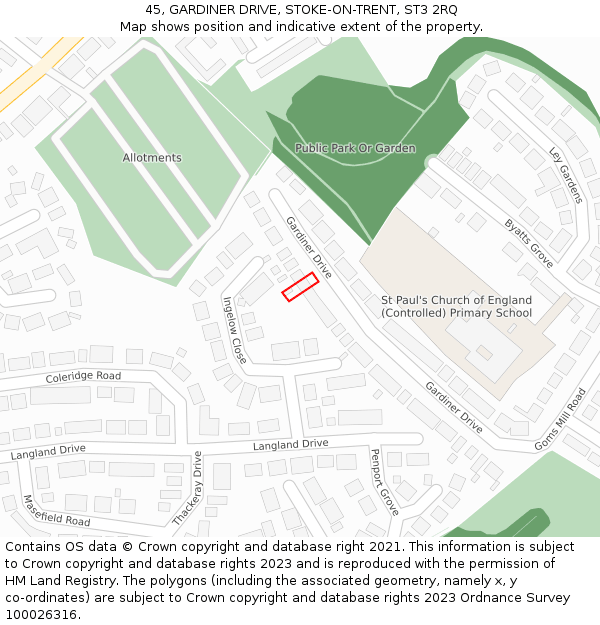 45, GARDINER DRIVE, STOKE-ON-TRENT, ST3 2RQ: Location map and indicative extent of plot