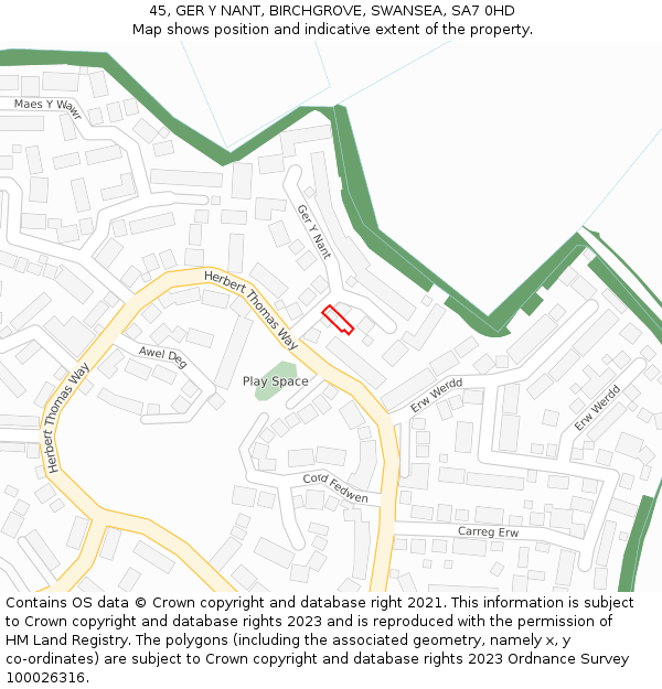 45, GER Y NANT, BIRCHGROVE, SWANSEA, SA7 0HD: Location map and indicative extent of plot