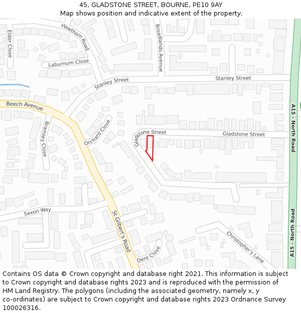 45, GLADSTONE STREET, BOURNE, PE10 9AY: Location map and indicative extent of plot