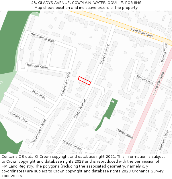45, GLADYS AVENUE, COWPLAIN, WATERLOOVILLE, PO8 8HS: Location map and indicative extent of plot