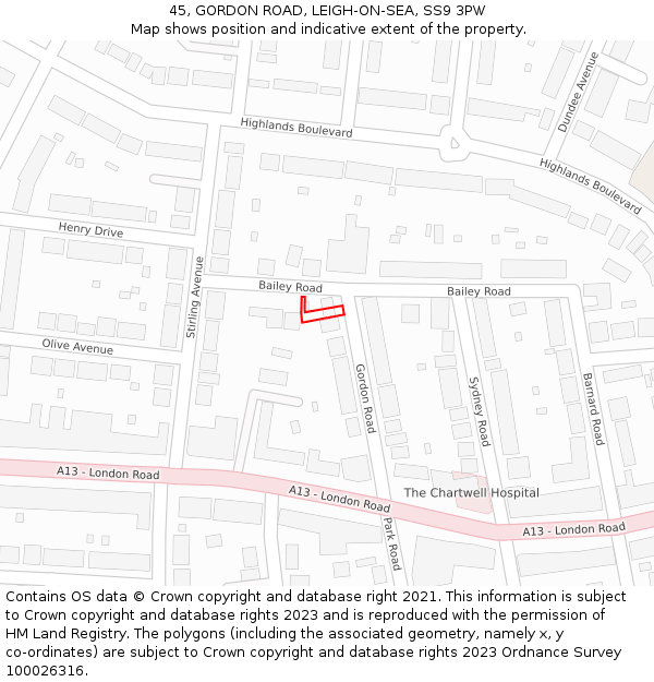 45, GORDON ROAD, LEIGH-ON-SEA, SS9 3PW: Location map and indicative extent of plot