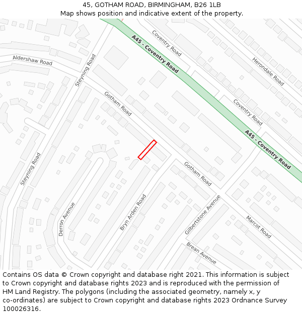 45, GOTHAM ROAD, BIRMINGHAM, B26 1LB: Location map and indicative extent of plot