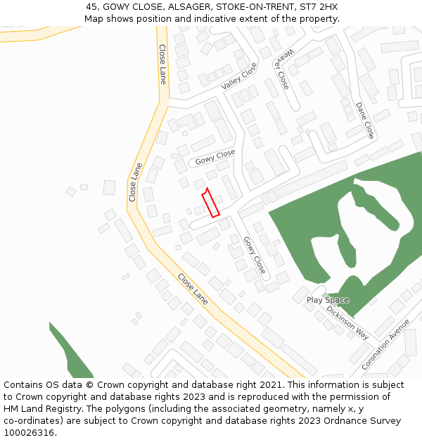 45, GOWY CLOSE, ALSAGER, STOKE-ON-TRENT, ST7 2HX: Location map and indicative extent of plot