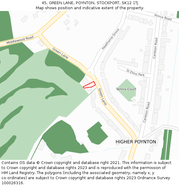 45, GREEN LANE, POYNTON, STOCKPORT, SK12 1TJ: Location map and indicative extent of plot