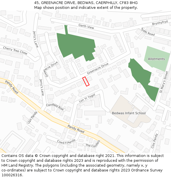 45, GREENACRE DRIVE, BEDWAS, CAERPHILLY, CF83 8HG: Location map and indicative extent of plot