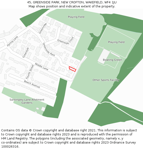 45, GREENSIDE PARK, NEW CROFTON, WAKEFIELD, WF4 1JU: Location map and indicative extent of plot