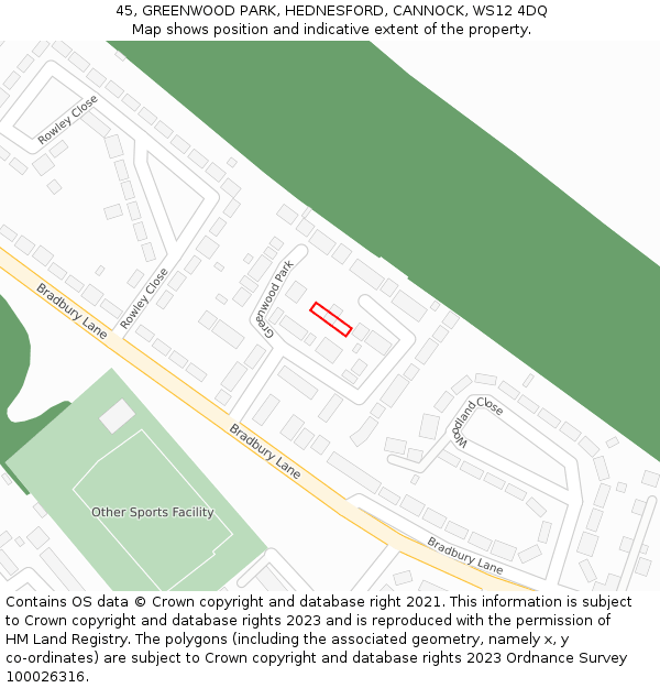 45, GREENWOOD PARK, HEDNESFORD, CANNOCK, WS12 4DQ: Location map and indicative extent of plot