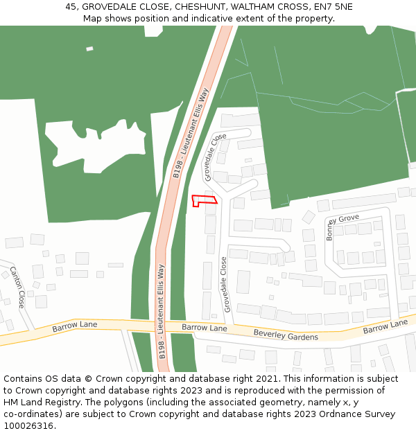 45, GROVEDALE CLOSE, CHESHUNT, WALTHAM CROSS, EN7 5NE: Location map and indicative extent of plot