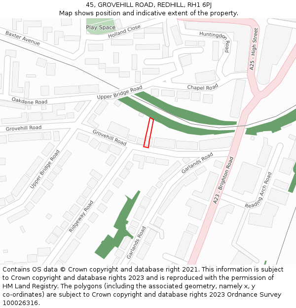 45, GROVEHILL ROAD, REDHILL, RH1 6PJ: Location map and indicative extent of plot