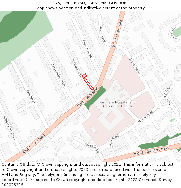 45, HALE ROAD, FARNHAM, GU9 9QR: Location map and indicative extent of plot