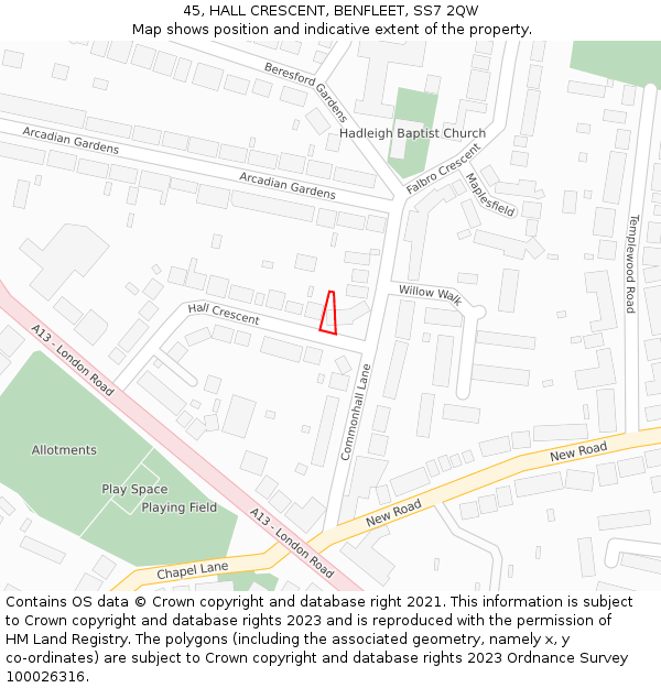 45, HALL CRESCENT, BENFLEET, SS7 2QW: Location map and indicative extent of plot