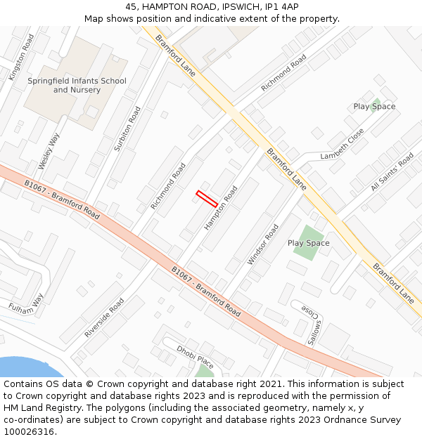 45, HAMPTON ROAD, IPSWICH, IP1 4AP: Location map and indicative extent of plot