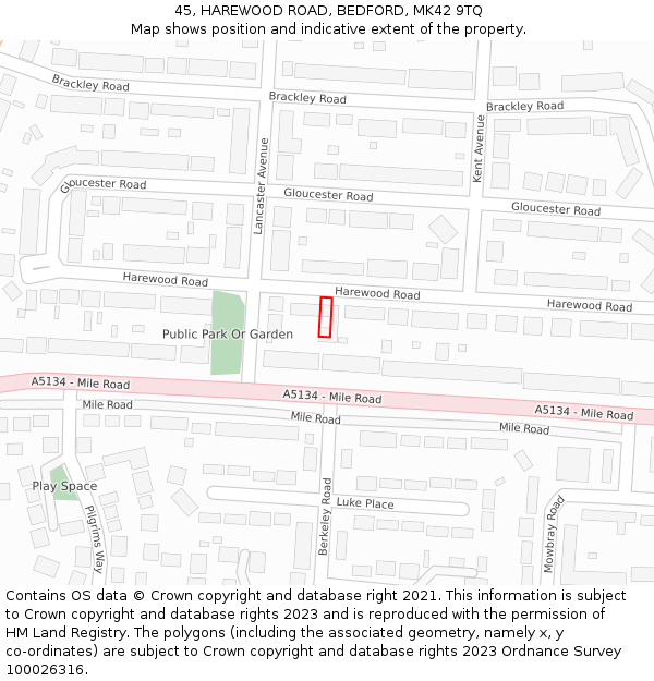 45, HAREWOOD ROAD, BEDFORD, MK42 9TQ: Location map and indicative extent of plot