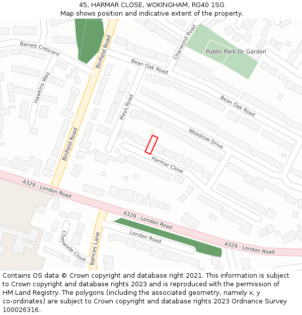 45, HARMAR CLOSE, WOKINGHAM, RG40 1SG: Location map and indicative extent of plot