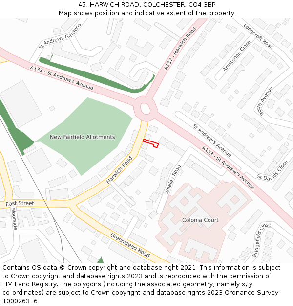 45, HARWICH ROAD, COLCHESTER, CO4 3BP: Location map and indicative extent of plot