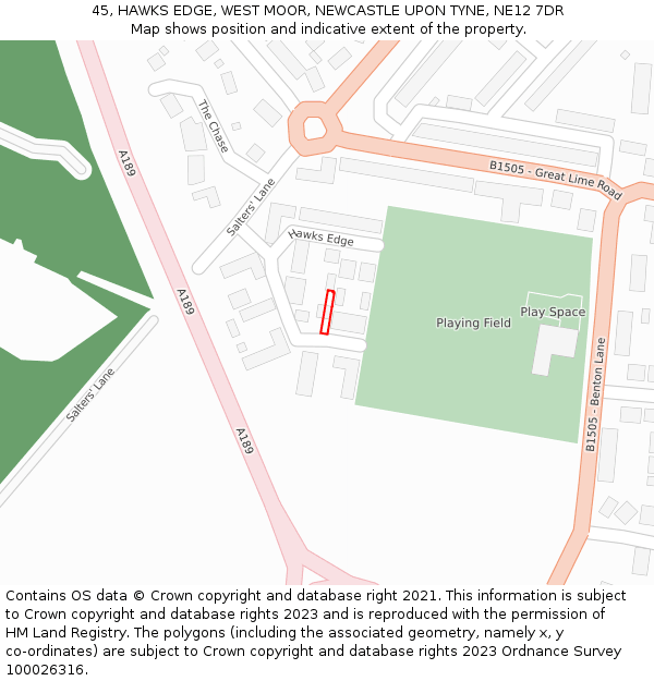 45, HAWKS EDGE, WEST MOOR, NEWCASTLE UPON TYNE, NE12 7DR: Location map and indicative extent of plot