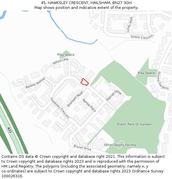 45, HAWKSLEY CRESCENT, HAILSHAM, BN27 3GH: Location map and indicative extent of plot