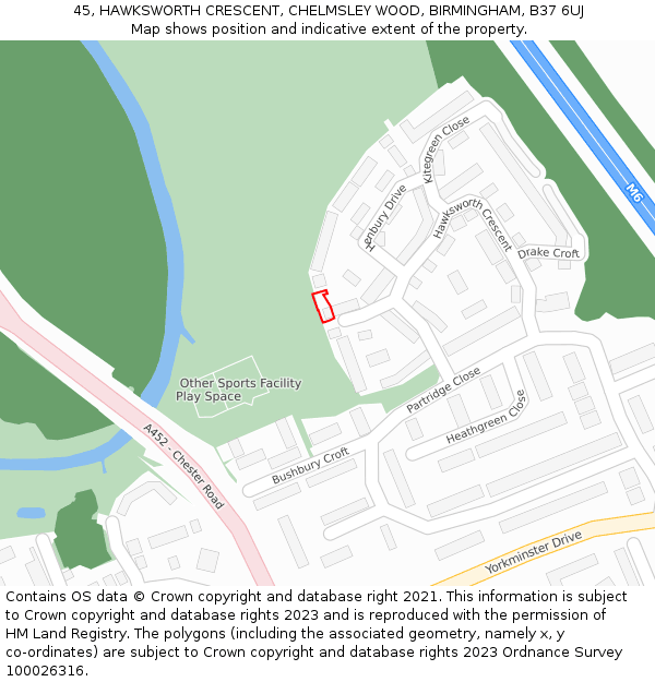 45, HAWKSWORTH CRESCENT, CHELMSLEY WOOD, BIRMINGHAM, B37 6UJ: Location map and indicative extent of plot