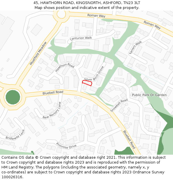 45, HAWTHORN ROAD, KINGSNORTH, ASHFORD, TN23 3LT: Location map and indicative extent of plot