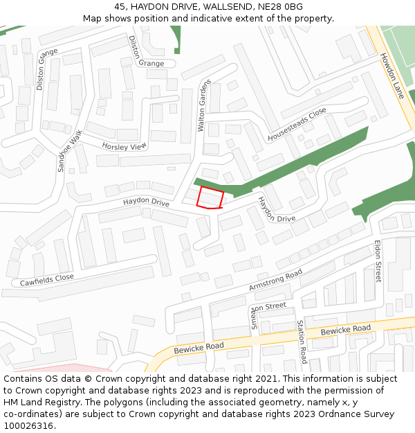 45, HAYDON DRIVE, WALLSEND, NE28 0BG: Location map and indicative extent of plot