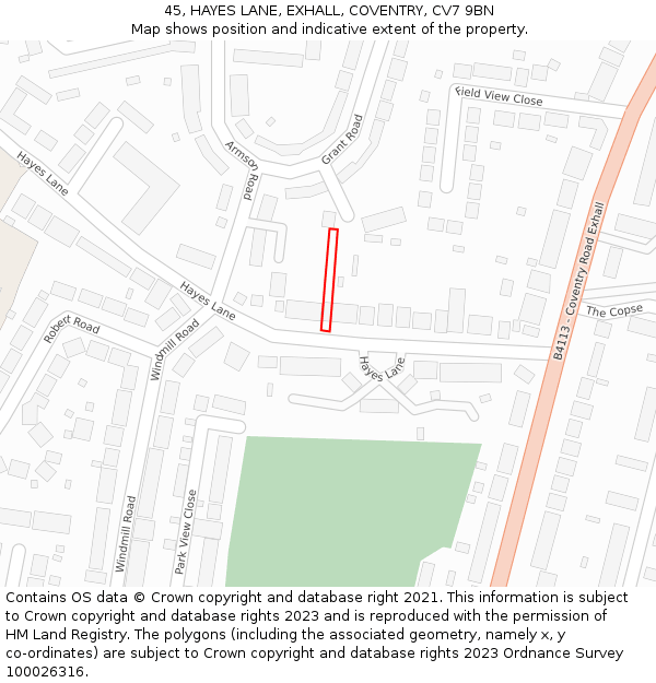 45, HAYES LANE, EXHALL, COVENTRY, CV7 9BN: Location map and indicative extent of plot