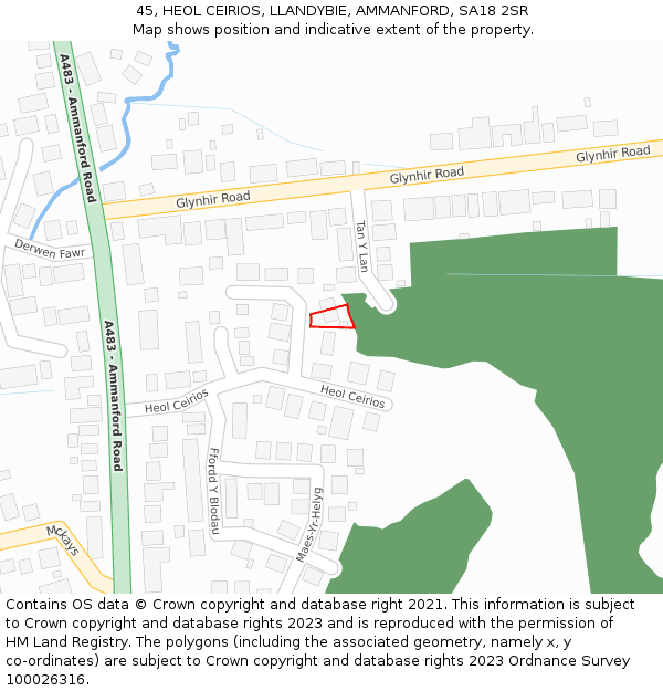 45, HEOL CEIRIOS, LLANDYBIE, AMMANFORD, SA18 2SR: Location map and indicative extent of plot