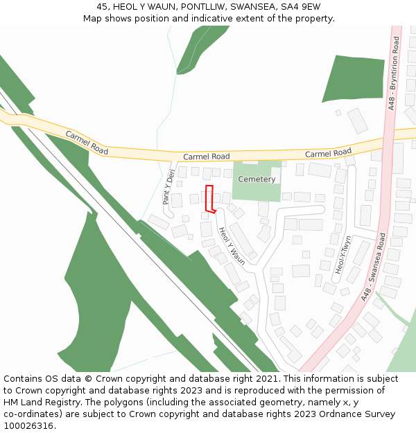 45, HEOL Y WAUN, PONTLLIW, SWANSEA, SA4 9EW: Location map and indicative extent of plot