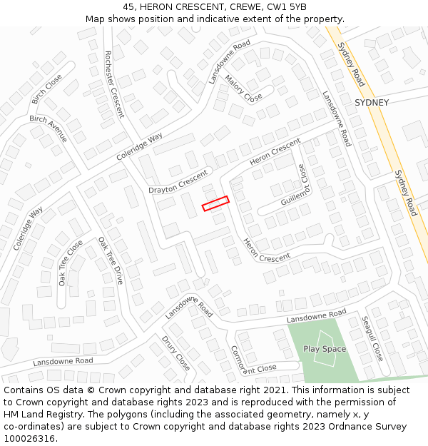 45, HERON CRESCENT, CREWE, CW1 5YB: Location map and indicative extent of plot