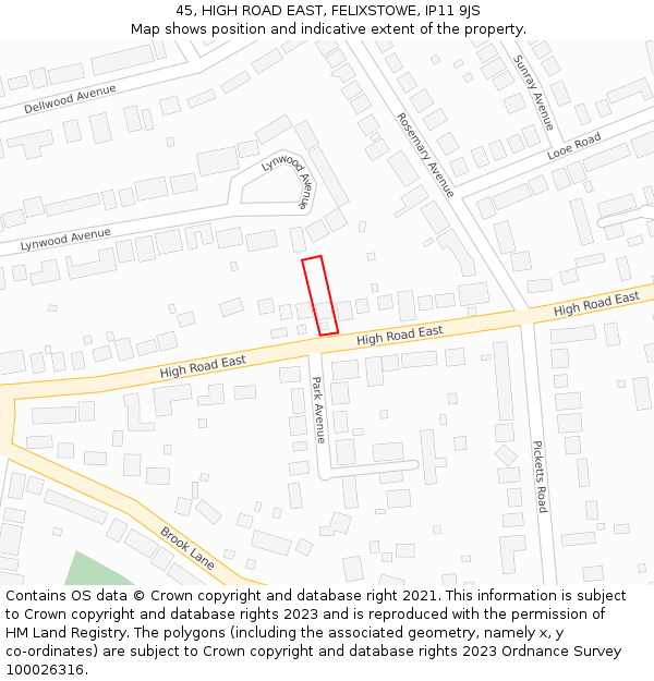 45, HIGH ROAD EAST, FELIXSTOWE, IP11 9JS: Location map and indicative extent of plot