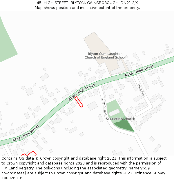 45, HIGH STREET, BLYTON, GAINSBOROUGH, DN21 3JX: Location map and indicative extent of plot