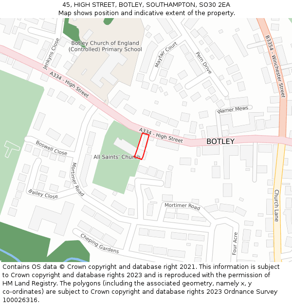 45, HIGH STREET, BOTLEY, SOUTHAMPTON, SO30 2EA: Location map and indicative extent of plot