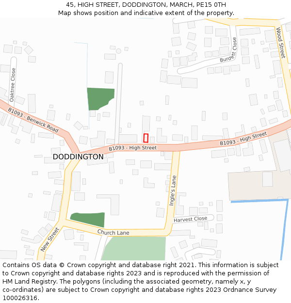 45, HIGH STREET, DODDINGTON, MARCH, PE15 0TH: Location map and indicative extent of plot