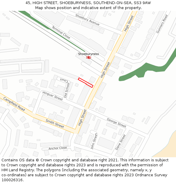 45, HIGH STREET, SHOEBURYNESS, SOUTHEND-ON-SEA, SS3 9AW: Location map and indicative extent of plot