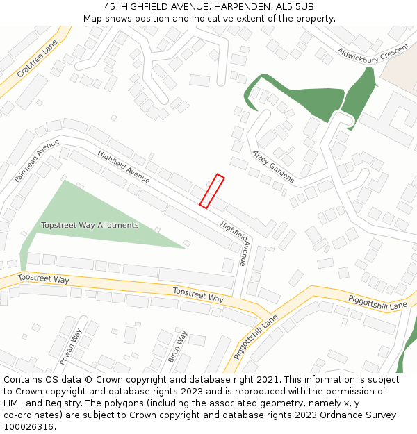 45, HIGHFIELD AVENUE, HARPENDEN, AL5 5UB: Location map and indicative extent of plot