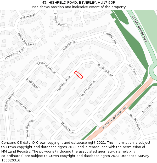 45, HIGHFIELD ROAD, BEVERLEY, HU17 9QR: Location map and indicative extent of plot