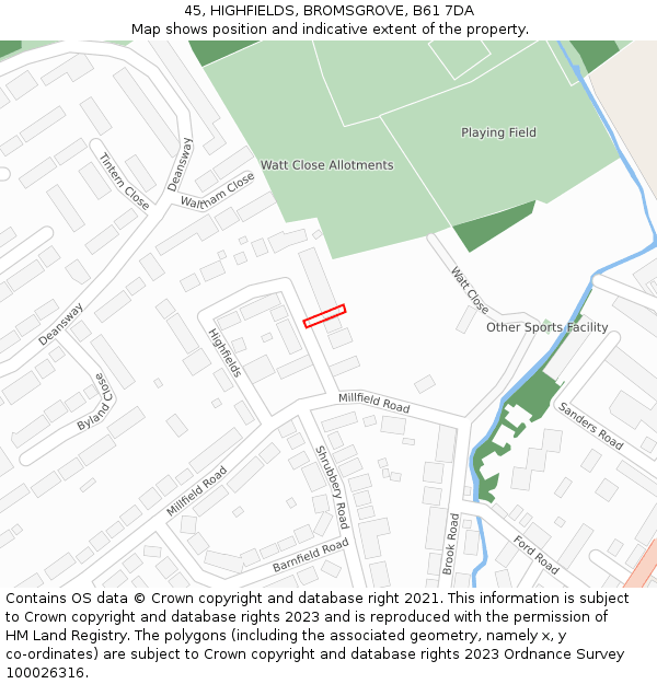 45, HIGHFIELDS, BROMSGROVE, B61 7DA: Location map and indicative extent of plot
