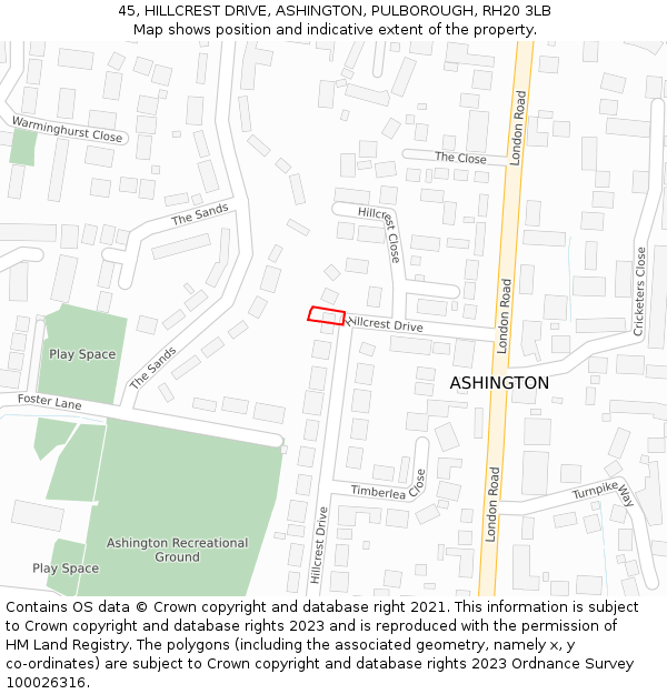 45, HILLCREST DRIVE, ASHINGTON, PULBOROUGH, RH20 3LB: Location map and indicative extent of plot