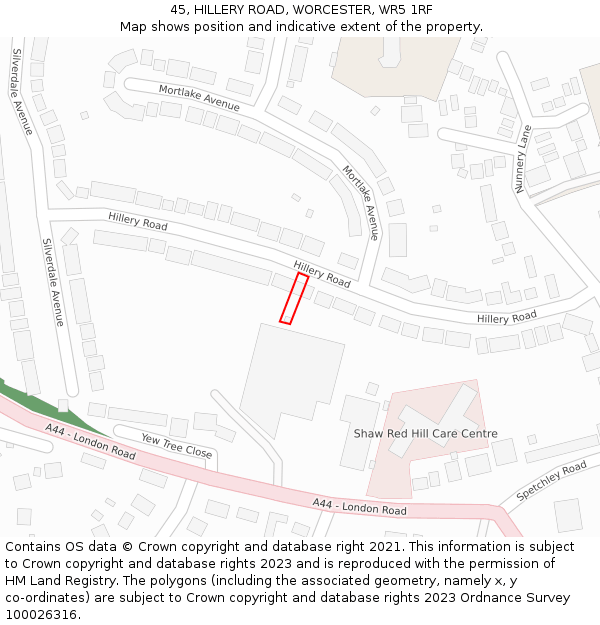 45, HILLERY ROAD, WORCESTER, WR5 1RF: Location map and indicative extent of plot