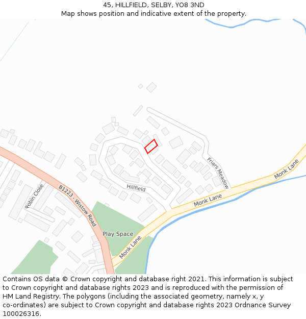 45, HILLFIELD, SELBY, YO8 3ND: Location map and indicative extent of plot