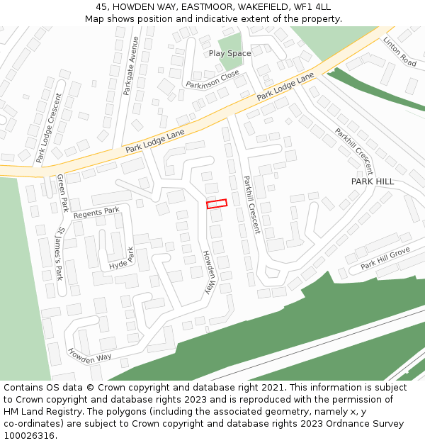 45, HOWDEN WAY, EASTMOOR, WAKEFIELD, WF1 4LL: Location map and indicative extent of plot